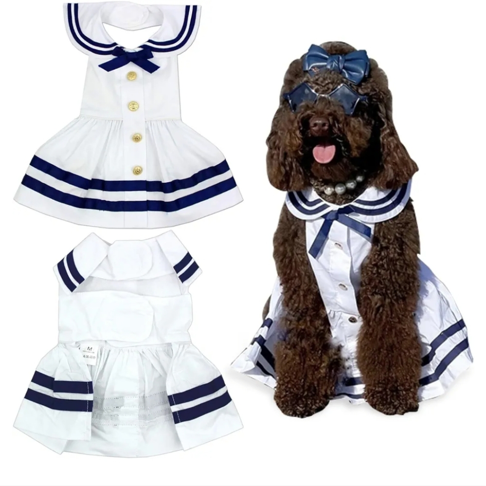 Parisian pet sailor dog dress. White blue gold medium or large.  New - Picture 7 of 12